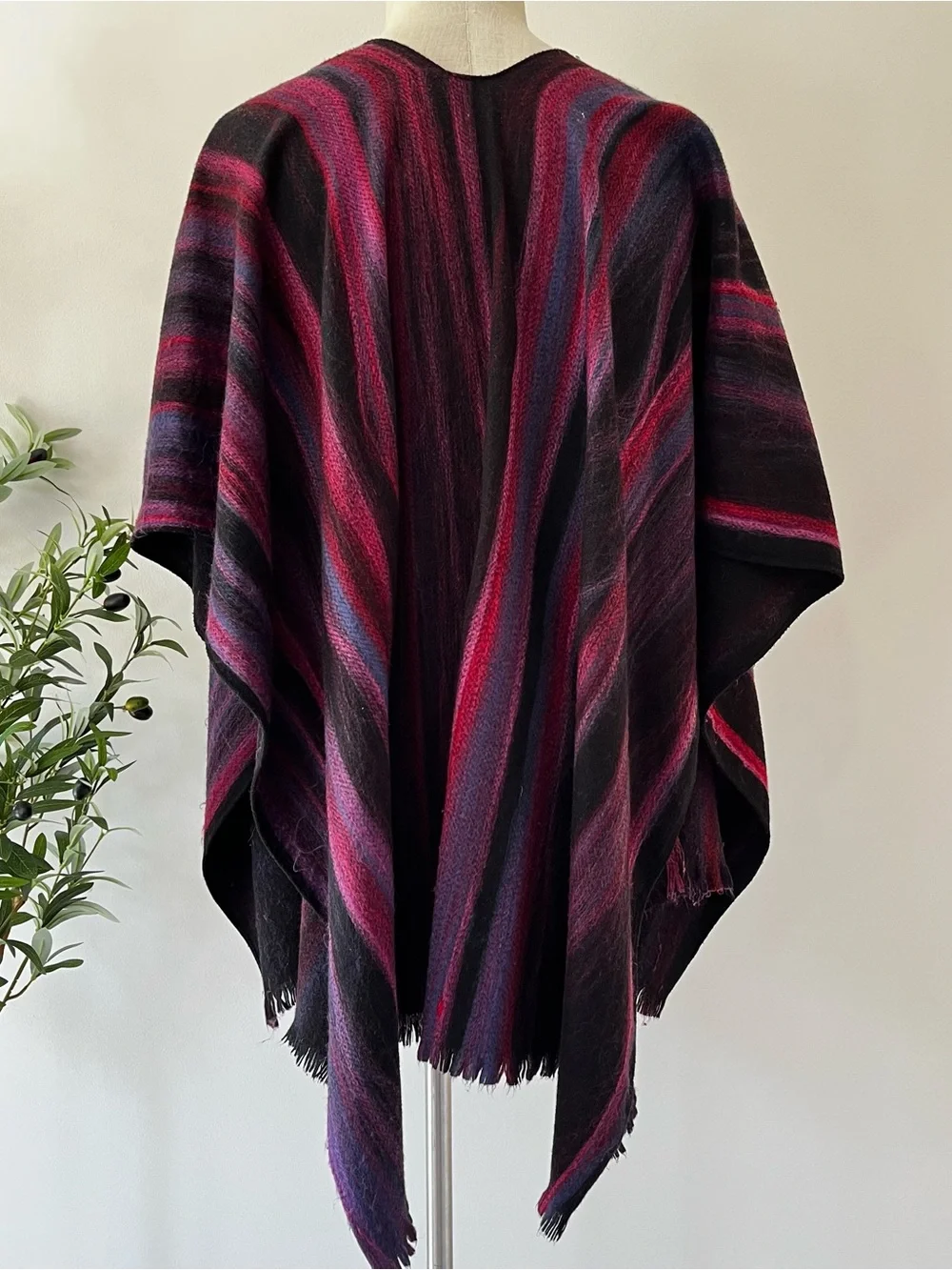 Brushed wool looking Striped Knit Poncho in Black pink purple
